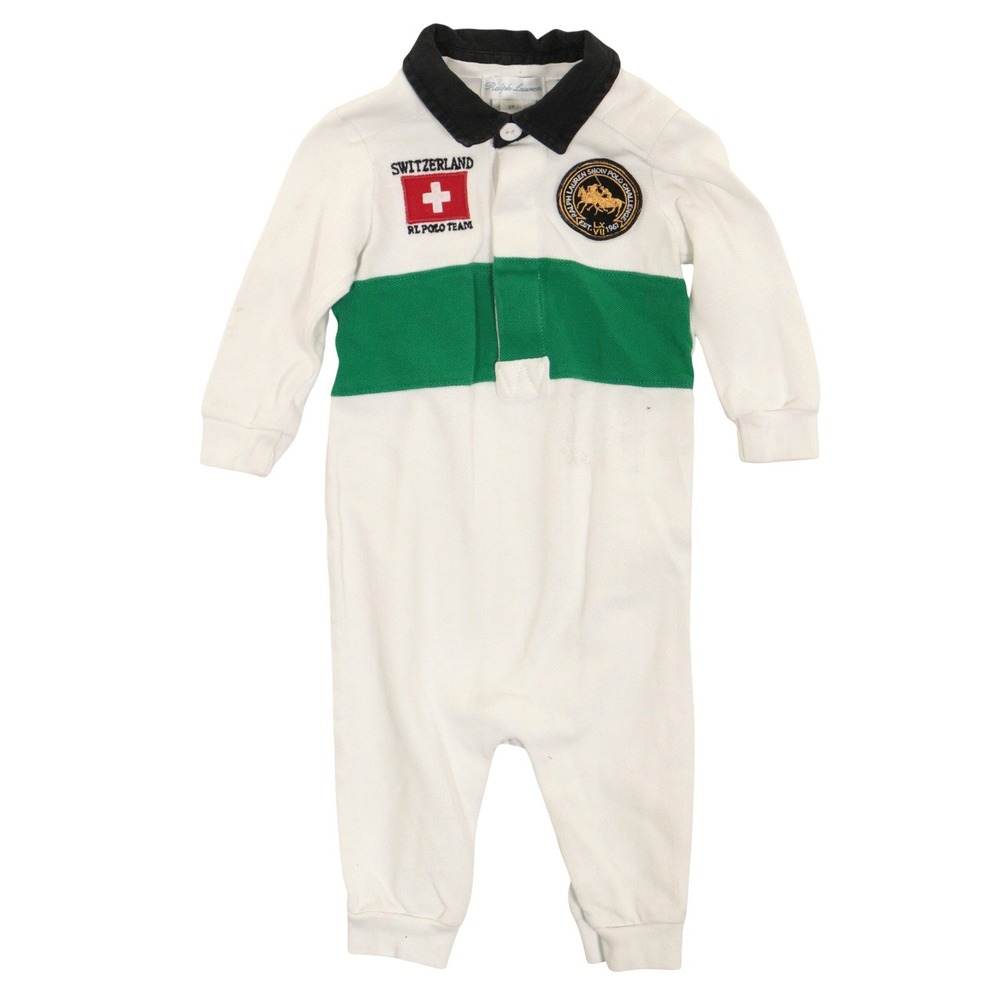 Ralph Lauren Rugby Romper Switzerland Polo Team Crest White Cotton Kids Baby 6M